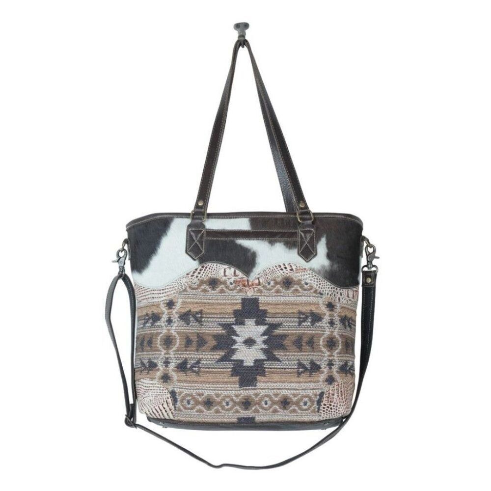 Myra Bag Handmade Panacea Tote Bag Upcycled Canvas & Cowhide Leather - Picture 5 of 9